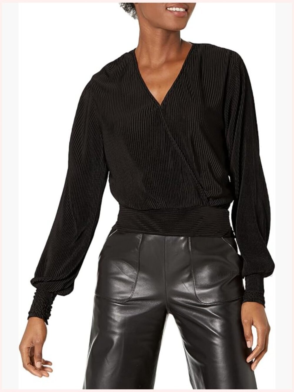Blouson Sleeve V-Neck Wrap Plisse Top